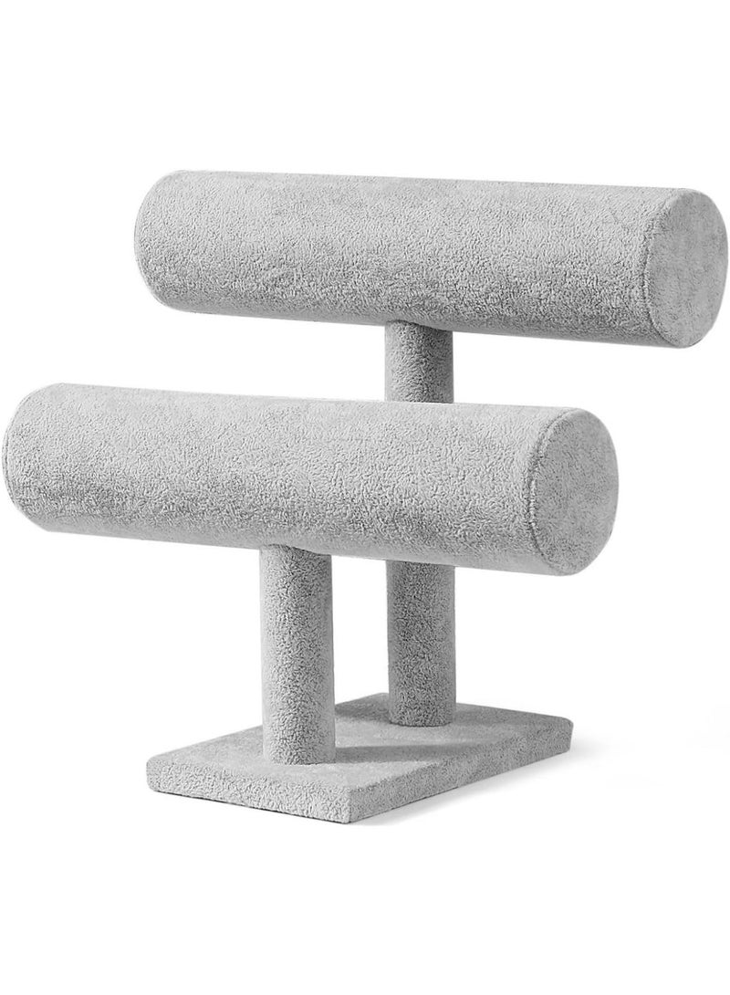 سي او أرماء حامل مجوهرات رمادي مخملي بطبقتين على شكل حرف T لعرض المجوهرات - Image 4