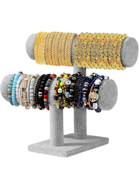 حامل مجوهرات رمادي مخملي بطبقتين على شكل حرف T لعرض المجوهرات