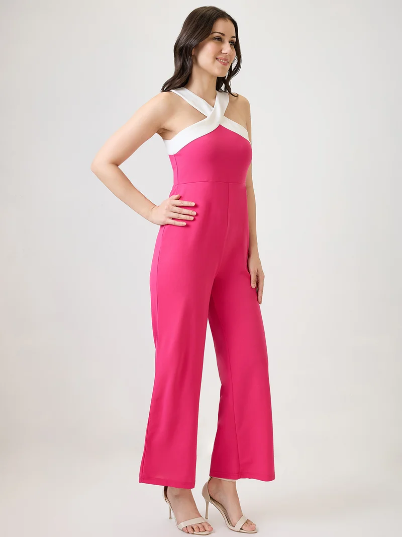 globus Women Pink Halter Neck Stylized Back Party Jumpsuit