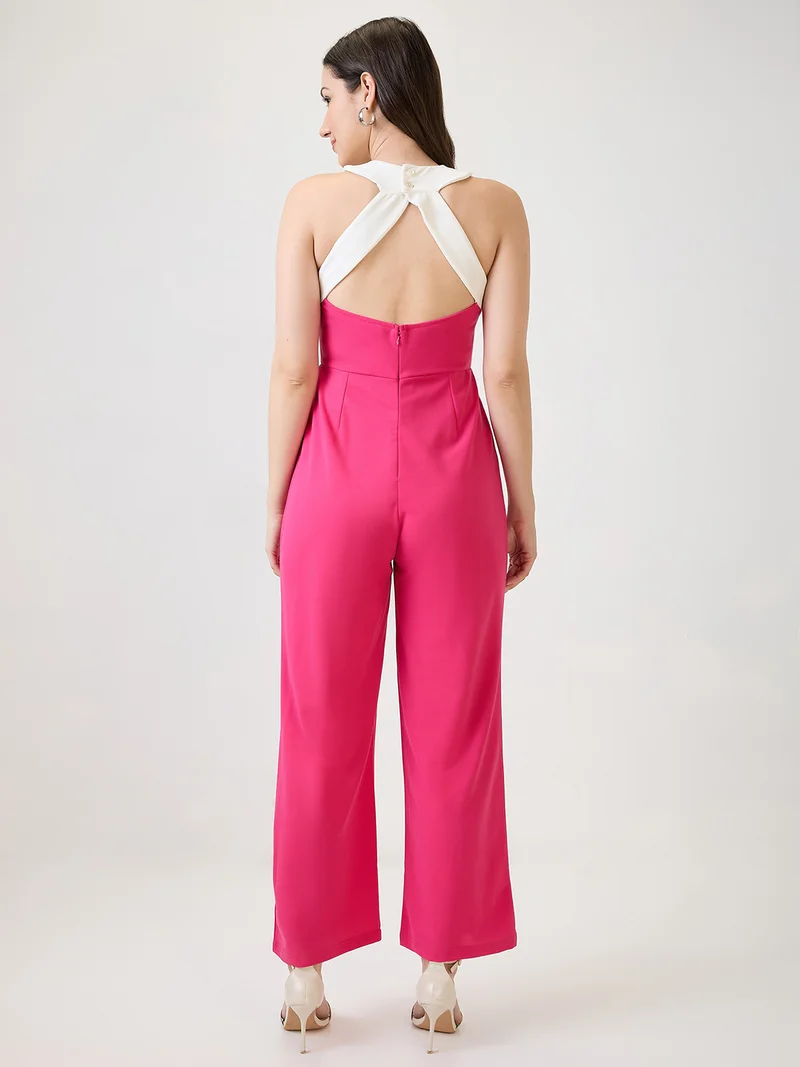 globus Women Pink Halter Neck Stylized Back Party Jumpsuit