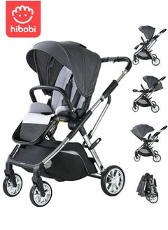 hibobi Reversible Travel Stroller, Lightweight Design, Push Button Folding, 5point safety harness, Multirecline Seat, Eazy Fold, Wide Canopy, Large Basket,Newborn, 0-4Years- Grey  - Image 1
