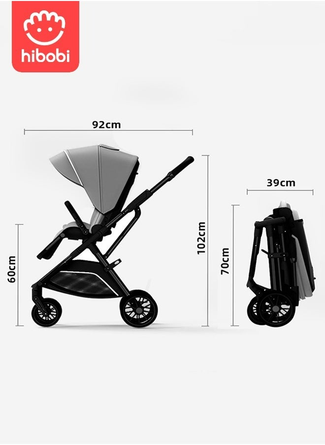 hibobi - Reversible Travel Stroller, Lightweight Design, Push Button Folding, 5point safety harness, Multirecline Seat, Eazy Fold, Wide Canopy, Large Basket,Newborn, 0-4Years- Grey - Image 1