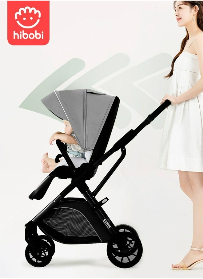hibobi - Reversible Travel Stroller, Lightweight Design, Push Button Folding, 5point safety harness, Multirecline Seat, Eazy Fold, Wide Canopy, Large Basket,Newborn, 0-4Years- Grey - Image 1