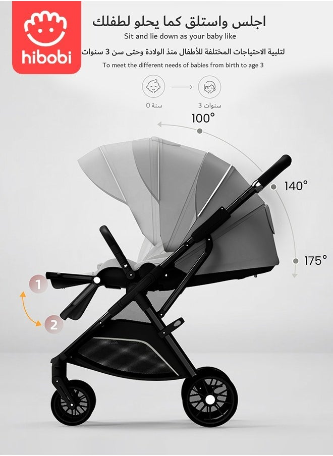 hibobi - Reversible Travel Stroller, Lightweight Design, Push Button Folding, 5point safety harness, Multirecline Seat, Eazy Fold, Wide Canopy, Large Basket,Newborn, 0-4Years- Grey - Image 1
