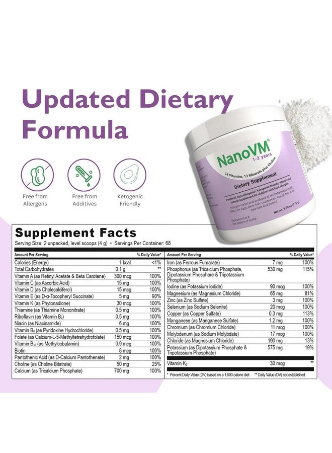 NanoVM 1-3 Years, Allergen-Free Multivitamin for Kids, Unflavored Dietary Supplement, Powdered Supplement with 14 Vitamins & 13 Minerals, Low-Carbohydrate Toddler Vitamins, 275g - Solace Nutrition - Image 2