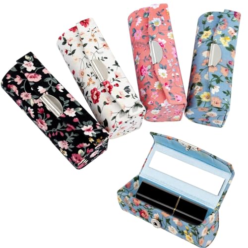 CoolShef 4Pcs Lipstick Case with Mirror | Portable Lipstick Holder for Purse | Small Flower Lipstick Pouch for Women and Girls | Compact Makeup Storage Organizer - Image 1