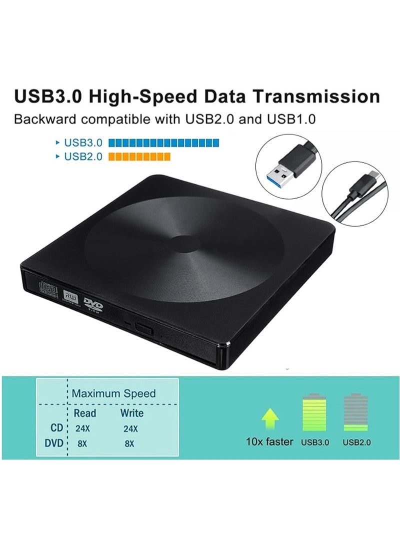 External CD Drive USB 3.0 Portable CD DVD +/-RW Drive DVD/CD ROM Rewriter Burner Drive Player Reader Writer Compatible With Laptop Desktop PC Windows Mac Pro MacBook, Black  - Image 3