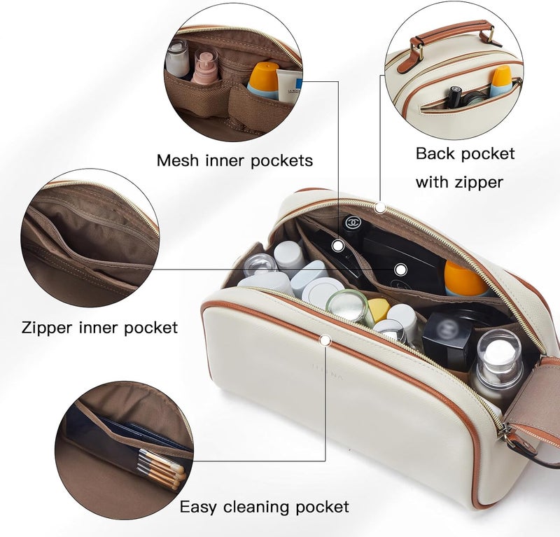 Telena Travel Toiletry Bag Makeup Cosmetic Bags for Women Waterproof PU Leather Toiletry Organizer Portable Large Capacity Beige with Brown - Image 3