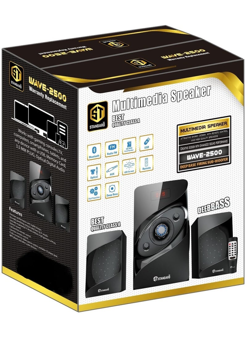 Standard - Speaker Standard 2.1 Wave 2500 Power 25 Watt illuminated multimedia speaker Optical Cable - Aux - Bluetooth - Usb - Sd card - Radio - Led Screen - Remote - Full Function - Image 1
