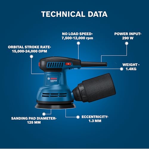 BoSCH GEX 125 Professional Random Orbit Sander | 280 W| Sanding Pad of 125 mm | No-load Speed 7,500 – 12,000 RPM | Orbital Stroke Rate of 15,000 – 24,000| Low Vibration Level 3.8 m/s²| 1 Yr Warranty - Image 5