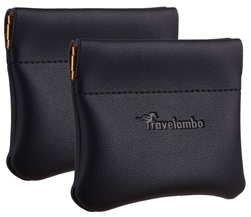 Travelambo Leather Squeeze Coin Purse Pouch Change Holder For Men & Women 2 pcs set (Black) - Image 1
