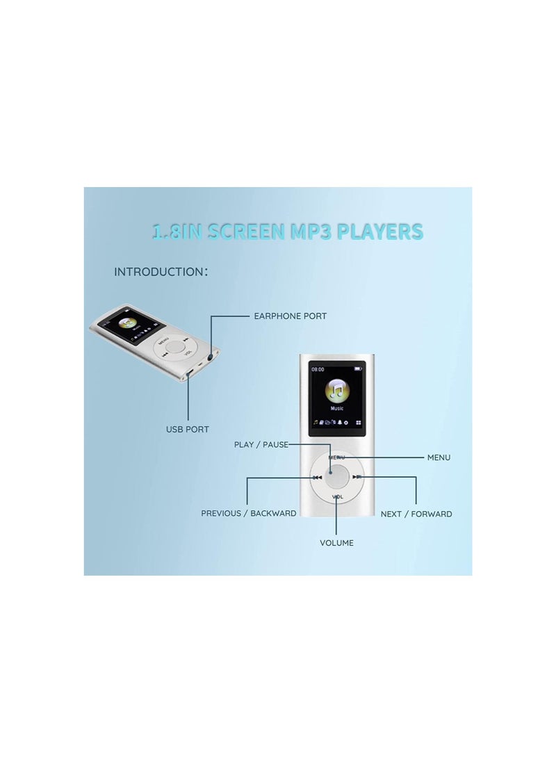 Generic - MP3 Player, Portable Lossless Sound Slim MP3 Music Player with Earphone, 1.8 Inch LCD Screen Digital Music Player（Memory Card Not Included）(Silver) - Image 1