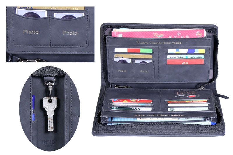 Sukeshcraft Multiple Cheque Book Holder | Original PU Holds Upto 8 Cheque Books, 1 Pin-Sim Slot,14 Credit/Debit Card Slots (PU, Sensa Dark Blue) - Image 5