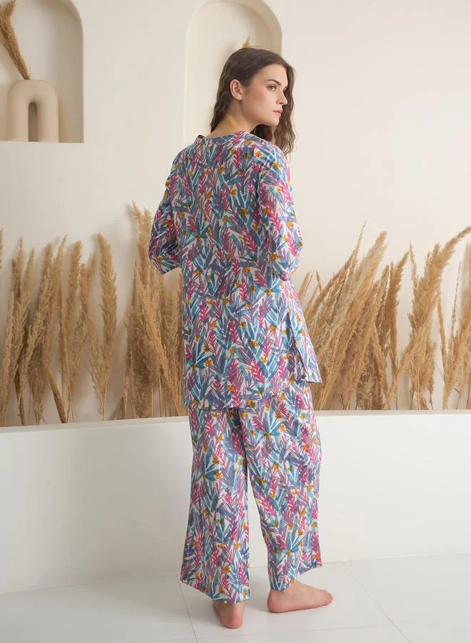 sanskrutihomes Blue Printed Round Neck Cotton Top and Pyjama Set