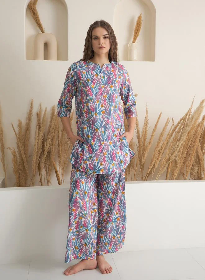 sanskrutihomes Blue Printed Round Neck Cotton Top and Pyjama Set