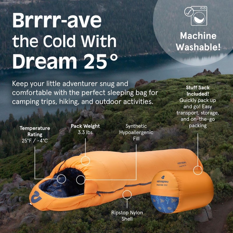 Retrospec Dream 25 Kids Sleeping Bag for Camping - Mummy Style, Water-Resistant, Lightweight 3lbs 3oz, Adjustable Length, Draft Collar, 25Â°F Rating - Image 5