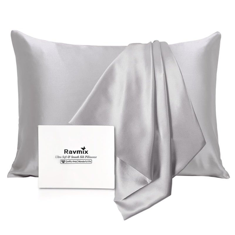 Ravmix Silk Pillow Cases with Zipper, 21momme Mulberry Silk Pillowcase for Hair Skin Health, Soft Smooth Breathable Cool Pillow Cover for Beauty Sleep with Gift Box 1PC(Queen 20"x30", Apricot Gray)