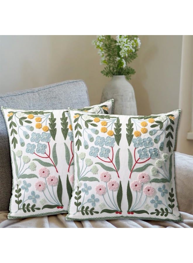 Pilmandu Pack of 2 Embroidered Decorative Throw Pillow Cover 18x18 Inch Farmhouse Floral Pillowcase for Living Room Sofa Bed (Blue Floral) - Image 2