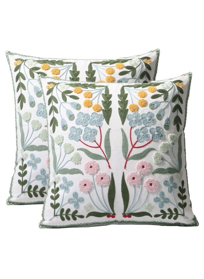 Pilmandu Pack of 2 Embroidered Decorative Throw Pillow Cover 18x18 Inch Farmhouse Floral Pillowcase for Living Room Sofa Bed (Blue Floral) - Image 1