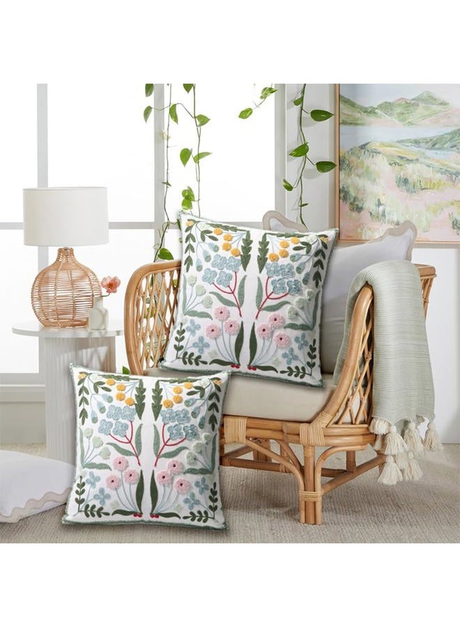Pilmandu Pack of 2 Embroidered Decorative Throw Pillow Cover 18x18 Inch Farmhouse Floral Pillowcase for Living Room Sofa Bed (Blue Floral) - Image 3