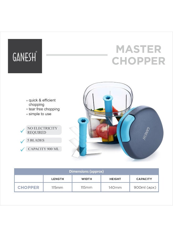 GANESH Multipurpose Plastic Vegetable Master Chopper with 5 Stainless Steel Blades Blades for Effortlessly Chopping Vegetables and Fruits for Your Kitchen, XL Large Jumbo Chopper (900 Ml) - Image 2