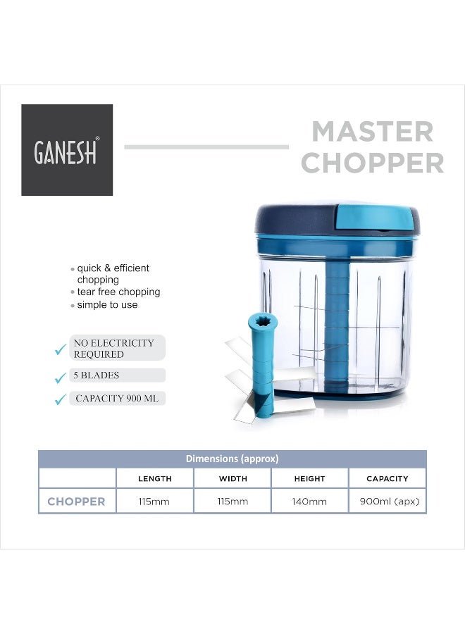 GANESH Multipurpose Plastic Vegetable Master Chopper with 5 Stainless Steel Blades Blades for Effortlessly Chopping Vegetables and Fruits for Your Kitchen, XL Large Jumbo Chopper (900 Ml) - Image 3