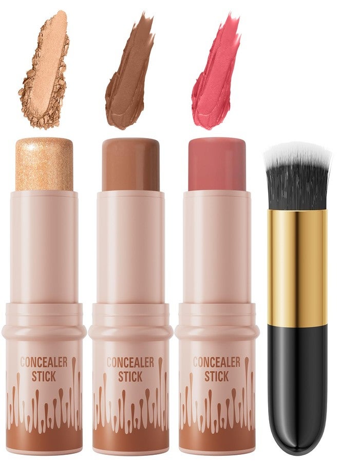 QIC 3Pcs Cream Contour Sticks Kit, Highlighter Stick Blush Stick Cream Contour Kit Makeup Set with Brush,Face Brightens & Shades Contour Stick Waterproof for Women Girls(9507-03-06-11, B) - Image 1