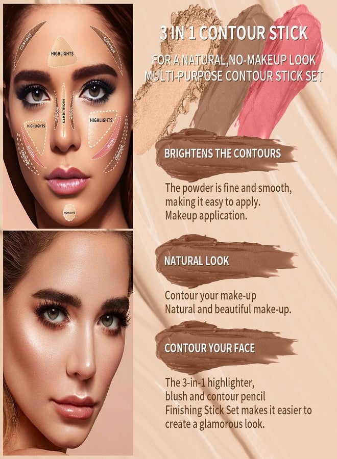 QIC 3Pcs Cream Contour Sticks Kit, Highlighter Stick Blush Stick Cream Contour Kit Makeup Set with Brush,Face Brightens & Shades Contour Stick Waterproof for Women Girls(9507-03-06-11, B) - Image 2