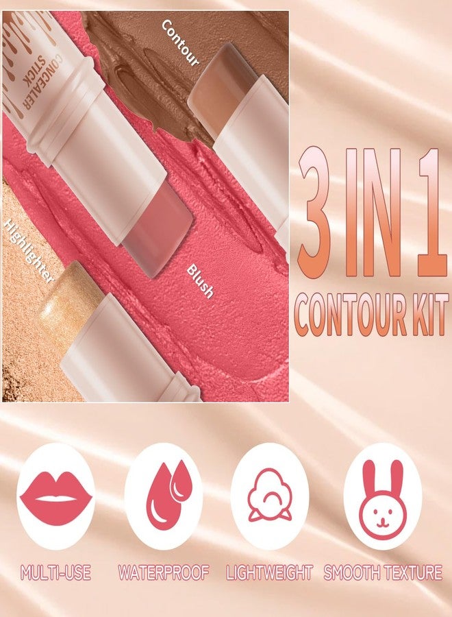 QIC 3Pcs Cream Contour Sticks Kit, Highlighter Stick Blush Stick Cream Contour Kit Makeup Set with Brush,Face Brightens & Shades Contour Stick Waterproof for Women Girls(9507-03-06-11, B) - Image 3