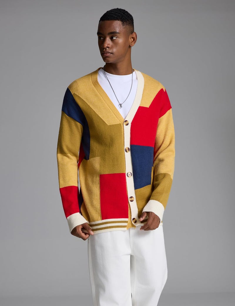 Arssm Mens Cardigan Sweater Knitted Long Sleeve V Neck Button Down Sweaters Casual Cardigans((US, Alpha, Large, Regular, Regular, Yellow) - Image 4