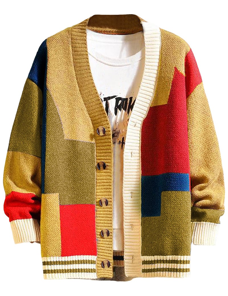 Arssm Mens Cardigan Sweater Knitted Long Sleeve V Neck Button Down Sweaters Casual Cardigans((US, Alpha, Large, Regular, Regular, Yellow) - Image 1