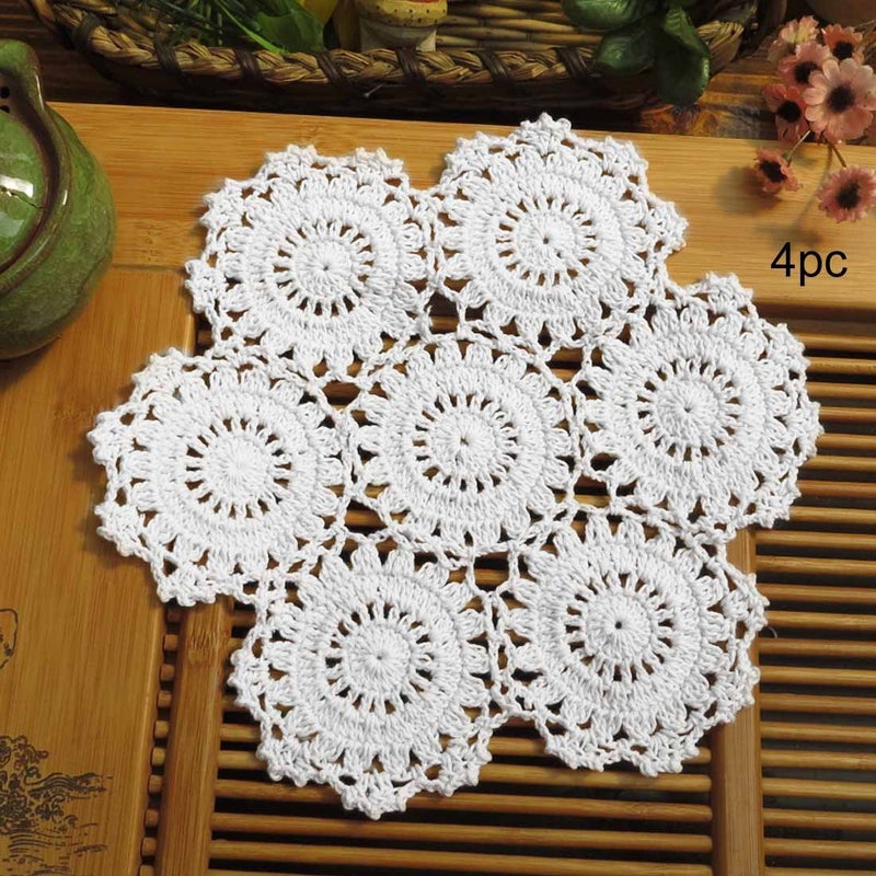 kilofly Crochet Cotton Lace Table Placemats Doilies Pack  4pc  White  Blossoms  10 inch - Image 1