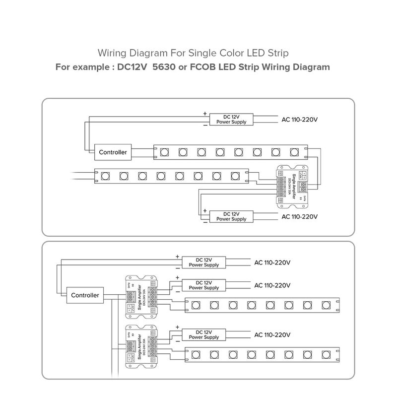 BTF-LIGHTING COB FCOB 2835 3014 3528 5050 1 Channel Signal Amplifier Controller Work with V- V+ Single Color 2Pin LED Strip Suitable for Long Distance Light Projects DC5V DC12V DC24V Max 30A - Image 4