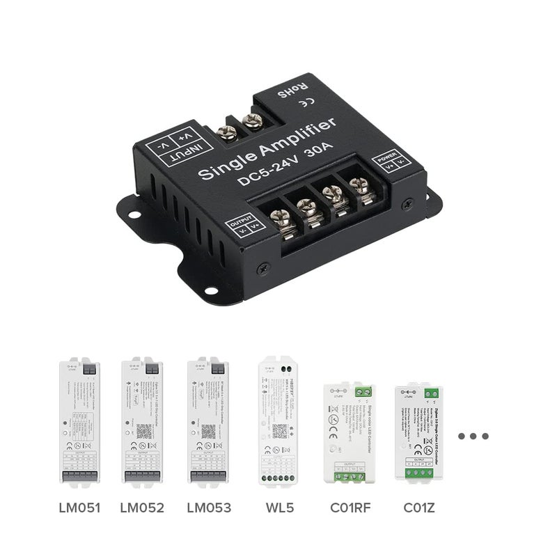 BTF-LIGHTING COB FCOB 2835 3014 3528 5050 1 Channel Signal Amplifier Controller Work with V- V+ Single Color 2Pin LED Strip Suitable for Long Distance Light Projects DC5V DC12V DC24V Max 30A - Image 5