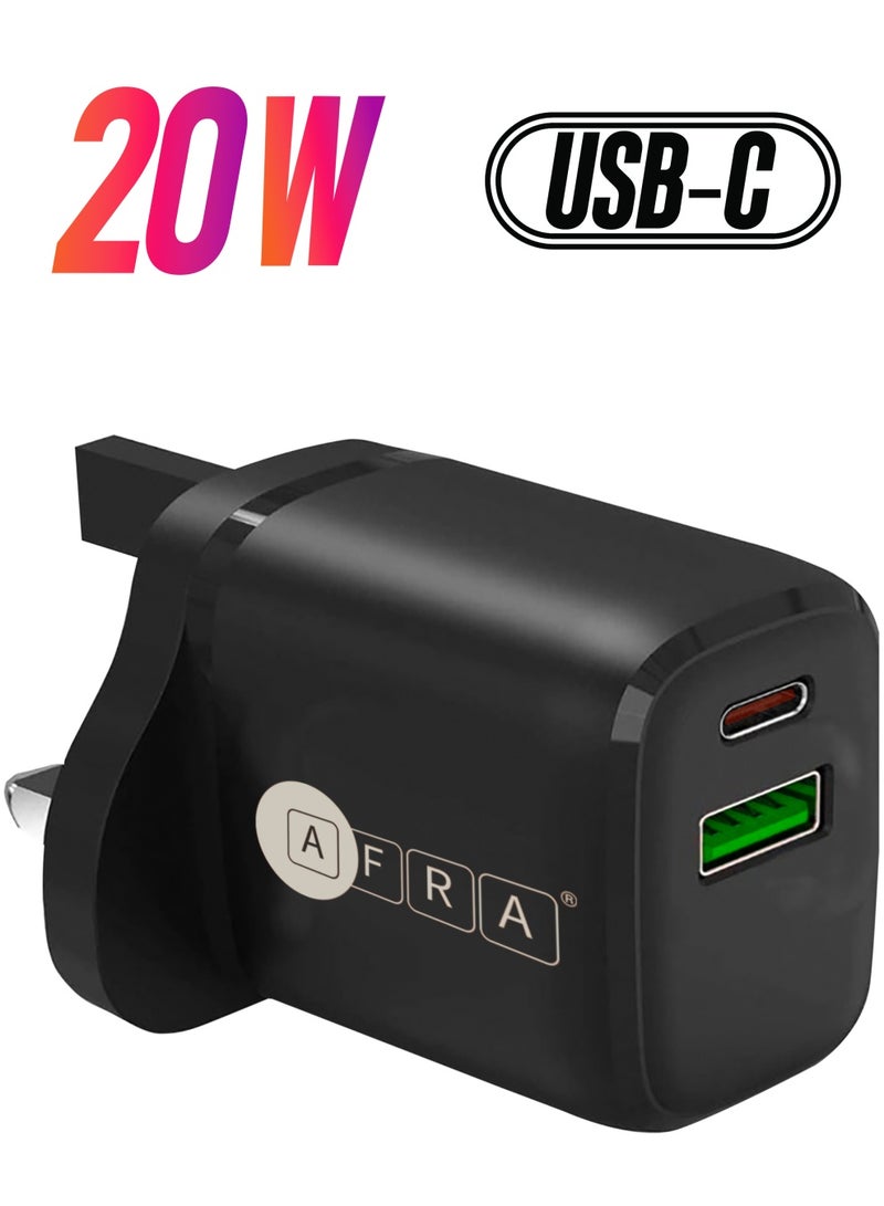 AFRA AFRA USB Wall Charger, 20W, 3A Charging Speed, Dual Ports, USB A, USB C, Fast Charging, Light, Overheat and Short Circuit Protection, Compact Design  - Image 1