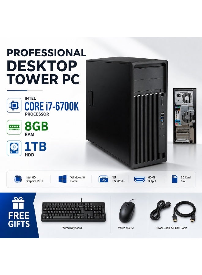 كمبيوتر مكتبي تاور احترافي - معالج إنتل كور i7-6700K، ذاكرة 8 جيجابايت DDR4، هارد 1 تيرا بايت HDD، كارت شاشة إنتل HD P630، عدد 10 منافذ USB، منفذ HDMI، قارئ كروت SD، ويندوز 10 هوم مع ماوس ولوحة مفاتيح وكابلات مجاناً - Image 1