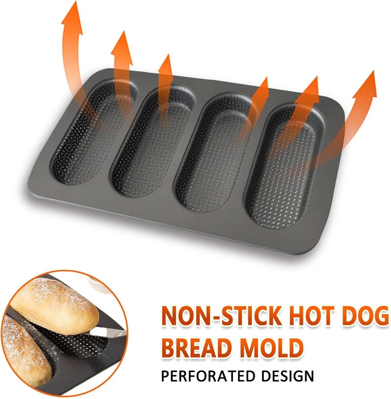 JSJMOFA Hot Dot Bun Pan, 2 Pack Non-Stick Carbon Steel Baguette Pan, Perforated Hotdog Bread Pans, Mini Baguette Sandwich Baking Trays for Hot Dog Bun Rolls, Black - Image 2