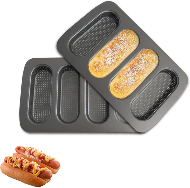 JSJMOFA Hot Dot Bun Pan, 2 Pack Non-Stick Carbon Steel Baguette Pan, Perforated Hotdog Bread Pans, Mini Baguette Sandwich Baking Trays for Hot Dog Bun Rolls, Black - Image 1