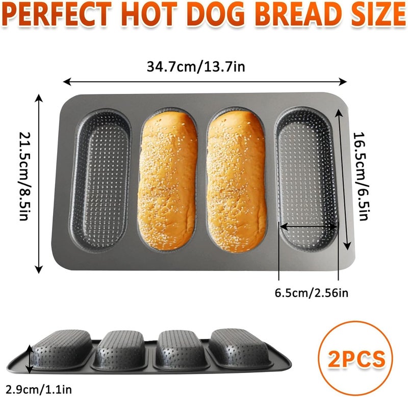 JSJMOFA Hot Dot Bun Pan, 2 Pack Non-Stick Carbon Steel Baguette Pan, Perforated Hotdog Bread Pans, Mini Baguette Sandwich Baking Trays for Hot Dog Bun Rolls, Black - Image 3