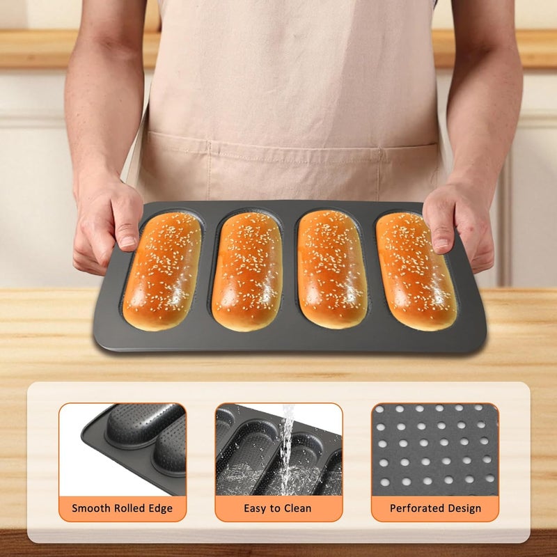 JSJMOFA Hot Dot Bun Pan, 2 Pack Non-Stick Carbon Steel Baguette Pan, Perforated Hotdog Bread Pans, Mini Baguette Sandwich Baking Trays for Hot Dog Bun Rolls, Black - Image 4