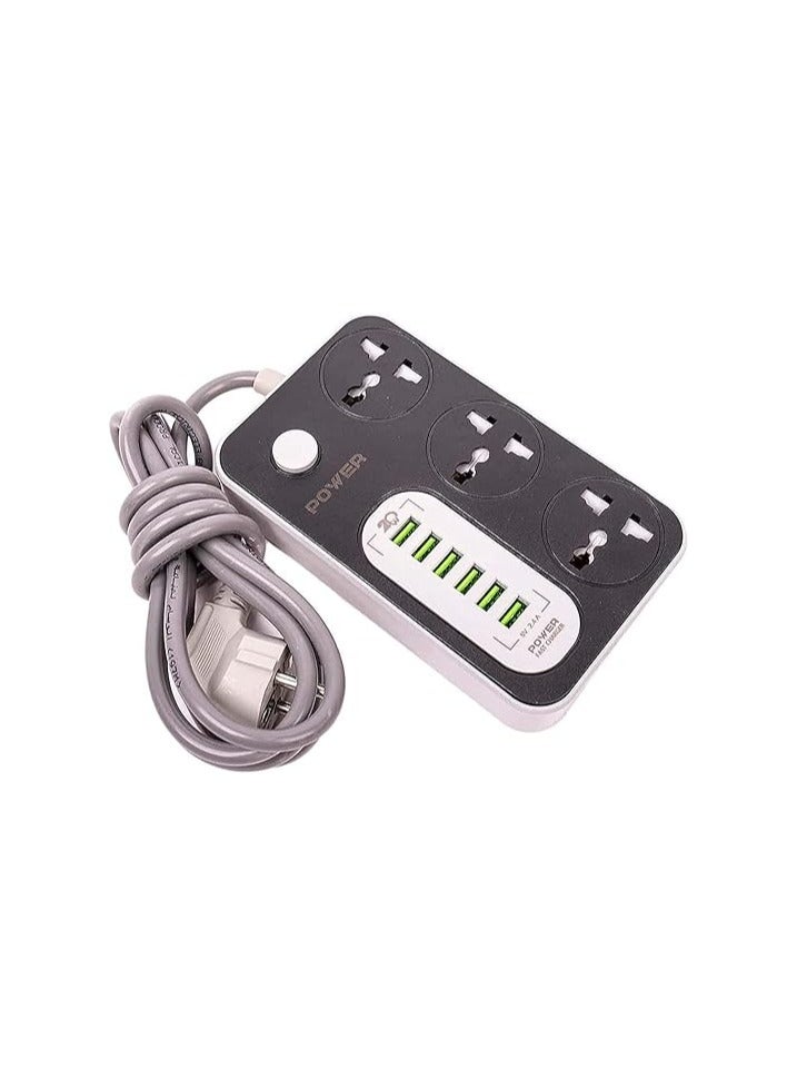 power strip surge protector 220v with 3 universal international socket and smart  charging ports 2.4a - black grey  - Image 1