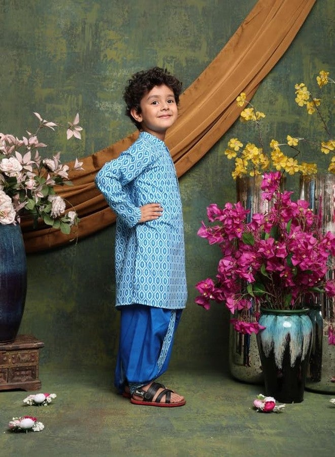 Saka Designs Boys Printed Kurta with Dhoti Pant Set | Blue - 4-5years - Image 3