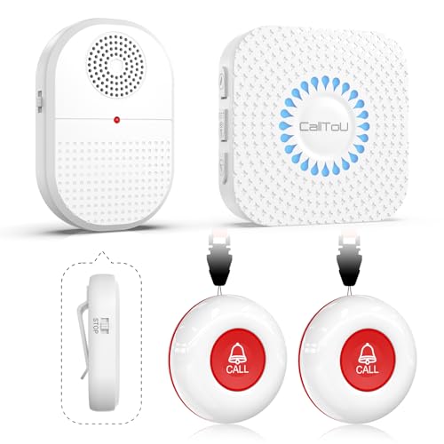 CallToU Wireless Caregiver Pager Waterproof Call Button Vibration Call Button for Elderly at Home Disabled Patient Elderly Monitoring Nurse Calling 2 SOS Call Buttons/Transmitters 500FT 2 Receivers - Image 1