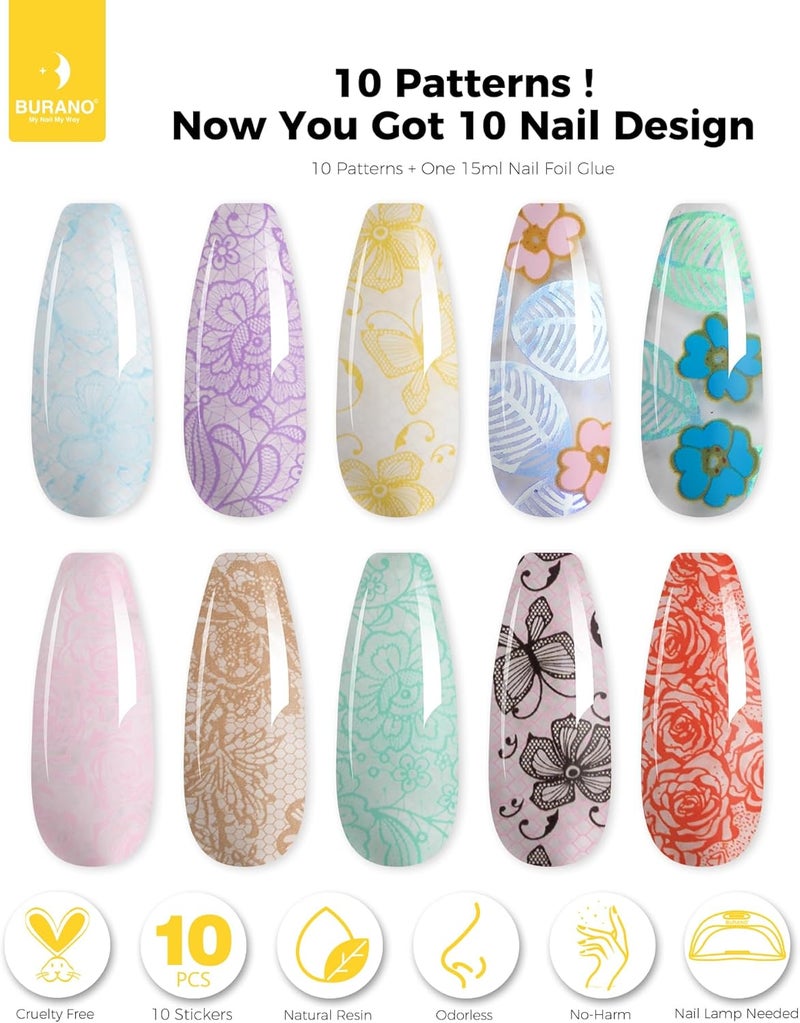 BURANO Nail Art Nail Foil Glue Gel, 15 ML 1 Bottle Foil Transfer Gel with 10PCS Stickers, UV LED Lamp Required Nail Design Foils Glue for Nails 27 - Image 2