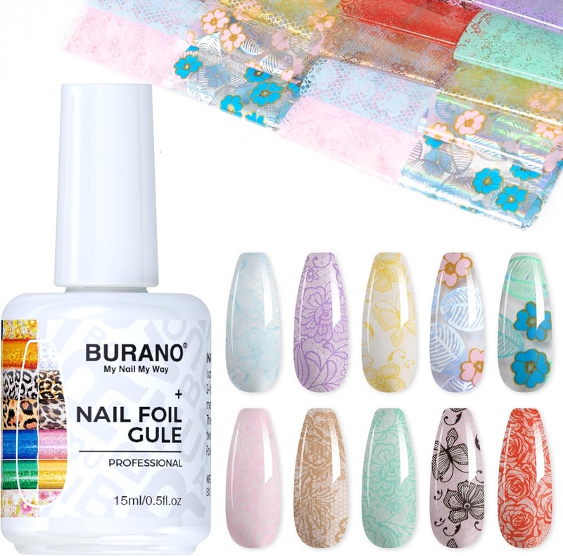 BURANO Nail Art Nail Foil Glue Gel, 15 ML 1 Bottle Foil Transfer Gel with 10PCS Stickers, UV LED Lamp Required Nail Design Foils Glue for Nails 27 - Image 1