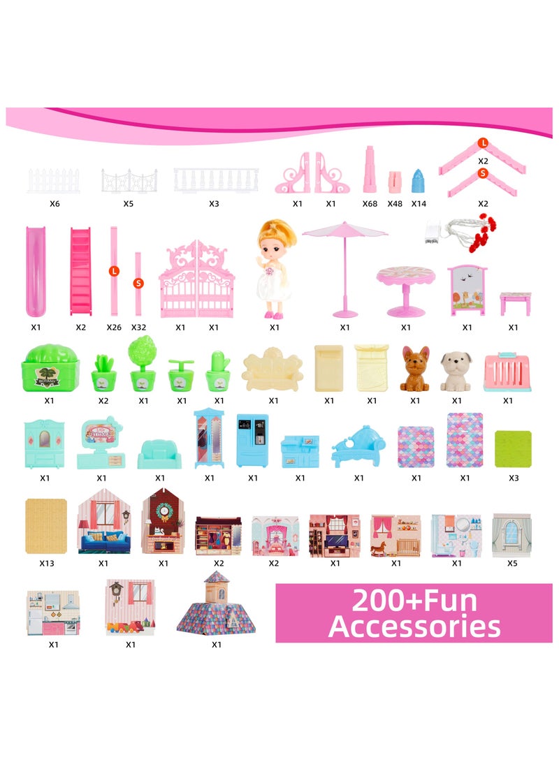 Dollhouse Dream House for Girls Pretend Toys 4 Story 13 Rooms Dollhouse with Dolls Figure, Puppies ,Furnitures, Accessories, LED Light, Toddler Playhouse Gift  - Image 5