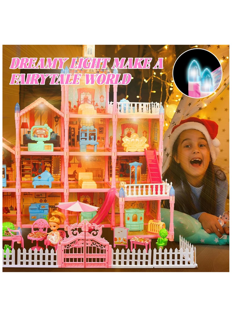Dollhouse Dream House for Girls Pretend Toys 4 Story 13 Rooms Dollhouse with Dolls Figure, Puppies ,Furnitures, Accessories, LED Light, Toddler Playhouse Gift  - Image 2