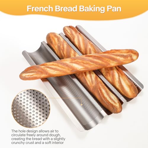 Barlket 2-Pack Baguette Bread Pan, 3-Slot Nonstick French Bread Baking Tray, Heavy-Duty Loaf Tin with Rounded Corners, Oven Safe, Gold - Image 2