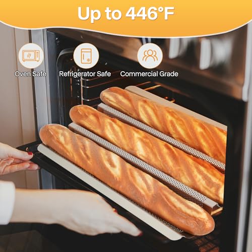 Barlket 2-Pack Baguette Bread Pan, 3-Slot Nonstick French Bread Baking Tray, Heavy-Duty Loaf Tin with Rounded Corners, Oven Safe, Gold - Image 5