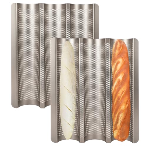 Barlket 2-Pack Baguette Bread Pan, 3-Slot Nonstick French Bread Baking Tray, Heavy-Duty Loaf Tin with Rounded Corners, Oven Safe, Gold - Image 1